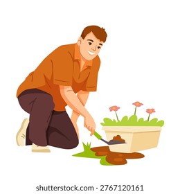 Man tending flowers in pot, in flat style on white background, symbolizing gardening care and growth. Vector illustration