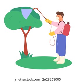 A man tends trees in the garden, spraying the foliage. Gardening
