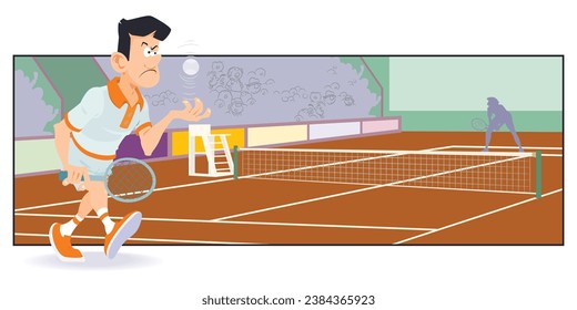 Man with tennis ball playing tennis. Funny people. Illustration concept template for website, web landing page, banner, presentation, social, poster, promotion or print media.