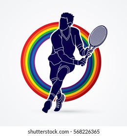Man tennis player action designed on line rainbows background graphic vector.