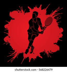 Man tennis player action designed on splash ink background graphic vector.