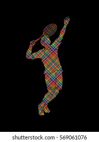 Man tennis player action serve designed using colorful pixels graphic vector.