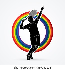 Man tennis player action serve designed on line rainbows background graphic vector.