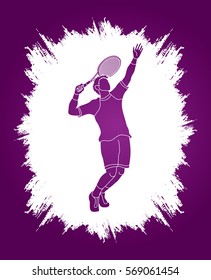 Man tennis player action serve designed on grunge frame background graphic vector.
