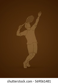 Man tennis player action serve designed using dots pixels graphic vector.
