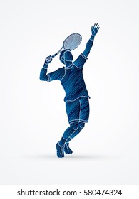 Man tennis player action serve designed using blue grunge brush graphic vector.