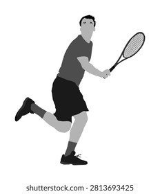 Man tennis player vector illustration isolated. Sport recreation pose. Boy play tennis. Active male hobby training after work. Anti stress worming up. Men tennis match.