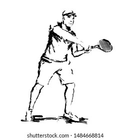 Man tennis player vector silhouette isolated on white background.
