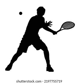 La silueta vectorial del jugador de tenis masculino aislada en fondo blanco. Silueta deportiva de tenis aislada. La recreación humana después del trabajo, la terapia anti estrés.