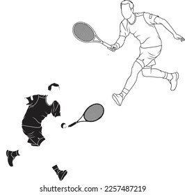 Mann Tennisspieler, Vektorsilhouette einzeln auf weißem Hintergrund. Stylierter Tennisspieler-Logo, Vektorvorlage, Illustrationssymbol, Silhouettendesign