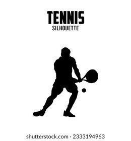 Dibujo de la silueta vectorial del jugador de tenis masculino aislado en el deporte de fondo blanco