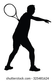 Man tennis player vector silhouette illustration isolated on white background. 
Sport tennis silhouette isolated. Man recreation after work, anti stress therapy.