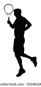 Man tennis player vector silhouette illustration isolated on white background. 
Sport tennis silhouette isolated. Man recreation after work, anti stress therapy.