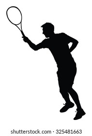 Man tennis player vector silhouette illustration isolated on white background. 
Sport tennis silhouette isolated. Man recreation after work, anti stress therapy.