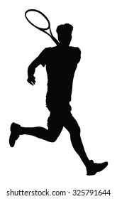 Dibujo de silueta vectorial de un jugador de tenis aislado en fondo blanco. 
Silueta deportiva de tenis aislada. Hombre recreación después del trabajo, terapia anti estrés.