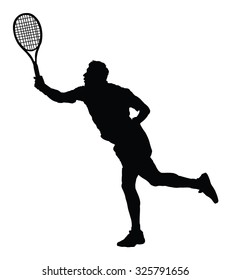 Man tennis player vector silhouette illustration isolated on white background. 
Sport tennis silhouette isolated. Man recreation after work, anti stress therapy.