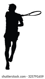 Man tennis player vector silhouette illustration isolated on white background. 
Sport tennis silhouette isolated. Man recreation after work, anti stress therapy.