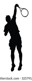 Man tennis player vector silhouette illustration isolated on white background. 
Sport tennis silhouette isolated. Man recreation after work, anti stress therapy.