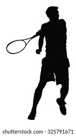 Man tennis player vector silhouette illustration isolated on white background. 
Sport tennis silhouette isolated. Man recreation after work, anti stress therapy.