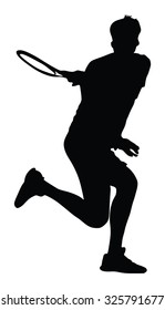 Man tennis player vector silhouette illustration isolated on white background. 
Sport tennis silhouette isolated. Man recreation after work, anti stress therapy.
