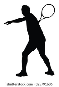 Man tennis player vector silhouette illustration isolated on white background. 
Sport tennis silhouette isolated. Man recreation after work, anti stress therapy.