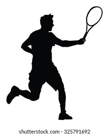 Man tennis player vector silhouette illustration isolated on white background. 
Sport tennis silhouette isolated. Man recreation after work, anti stress therapy.