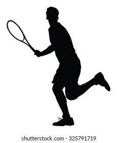 Man tennis player vector silhouette illustration isolated on white background. 
Sport tennis silhouette isolated. Man recreation after work, anti stress therapy.