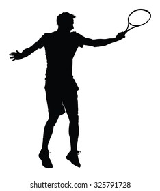 Man tennis player vector silhouette illustration isolated on white background. 
Sport tennis silhouette isolated. Man recreation after work, anti stress therapy.