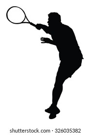 Man tennis player vector silhouette illustration isolated on white background. 
Sport tennis silhouette isolated. Man recreation after work, anti stress therapy.