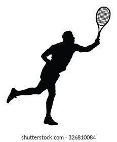 Man tennis player vector silhouette illustration isolated on white background. 
Sport tennis silhouette isolated. Man recreation after work, anti stress therapy.