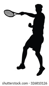 Man tennis player vector silhouette illustration isolated on white background. 
Sport tennis silhouette isolated. Man recreation after work, anti stress therapy.