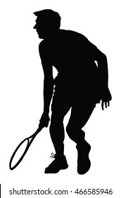 Man tennis player vector silhouette illustration isolated on white background. 
Sport tennis silhouette isolated. Man recreation after work, anti stress therapy.