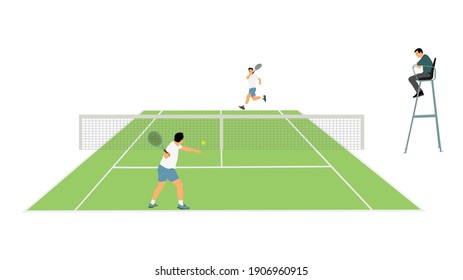 Man Tennisspieler, Vektorgrafik der Silhouette, einzeln auf weißem Hintergrund. Tennis Match Duel mit Richter auf dem Platz.
Sportwettbewerb. Sportsman Erholung nach der Arbeit, Anti-Stress-Therapie.