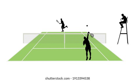 Man tennis players vector silhouette illustration isolated on white background. Tennis match duel with judge on court.
Sport competition. Sportsman recreation after work, anti stress therapy.