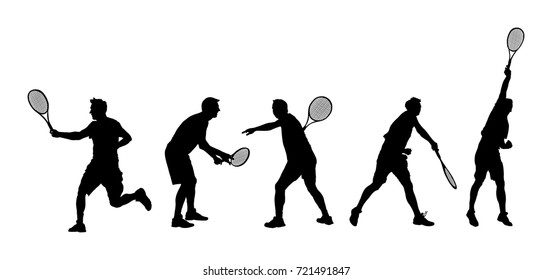 Man tennis players vector silhouette isolated on white background. 
Big set of sport tennis silhouette isolated. Editable different recreation silhouettes. Recreation after work, anti stress therapy.