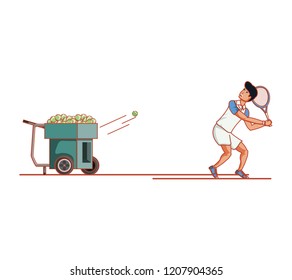 man tennis playing with ball throwing machine