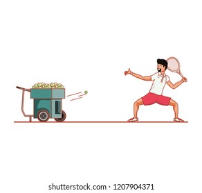 man tennis playing with ball throwing machine