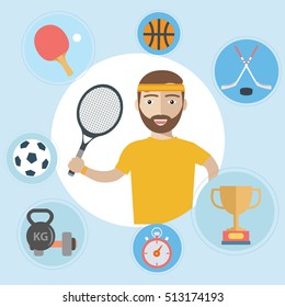 Man with tennis racquet and set of sport icons in flat design.