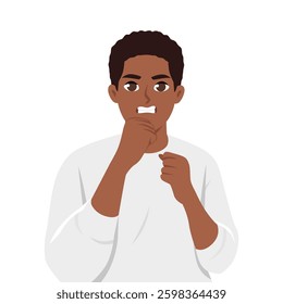 Man with a tense expression bites his lip and raises his fists, ready to fight. Flat Vector character illustration