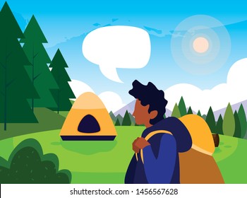 man with tent camping hiking