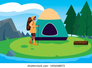 man with tent camping hiking
