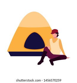 man with tent camping hiking