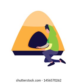 man with tent camping hiking