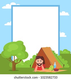 Man in tent and filling form, healthy lifestyle and rug with plastic bottle and water, broccoli apples, trees clouds isolated on vector illustration