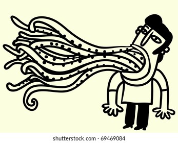 Man with tentacles going out of his mouth, black line, vectorial.