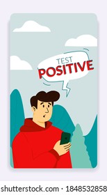Man terrified having received a phone message his coronavirus test is positive walking outside. Vertical stories template. Self isolation and treatment during COVID-19 world pandemic second wave.