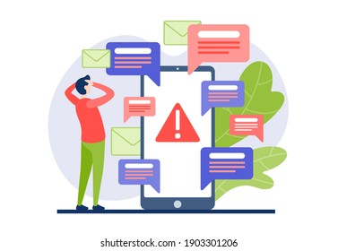 Man terrified of internet spam vector flat concept. Male character holding his head from number viral messages in smartphone. Broken antivirus firewall and no cybersecurity mobile app.
