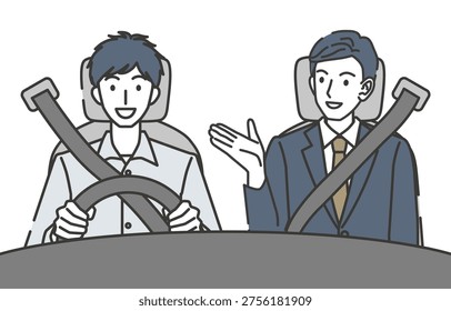 Man Test Driving a Car with Sales Representative Illustration
