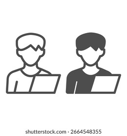 Linha de papel de folha de teste e ícone sólido, conceito de terapia familiar. Gráficos vetoriais. Jovem e notebook, sinal de perfil no fundo branco, ícone de estilo de contorno para design móvel ou web
