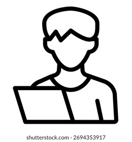 Ícone de linha de papel de folha de teste e homem, conceito de terapia familiar. Gráficos vetoriais. Jovem e notebook, sinal de perfil no fundo branco, ícone de estilo de contorno para design móvel ou web